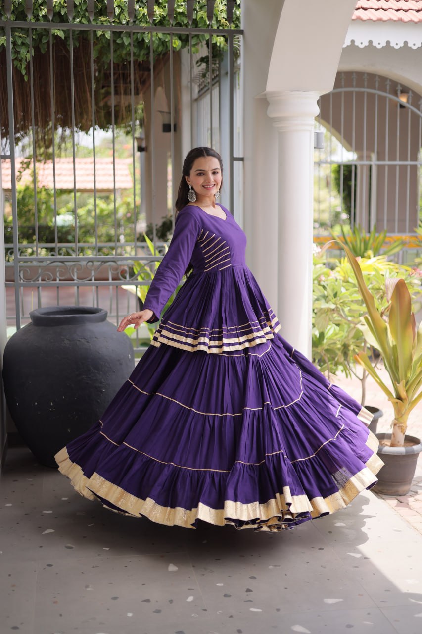 Purple Layered Cora Cotton Navratri Lehenga Set with Peplum Top