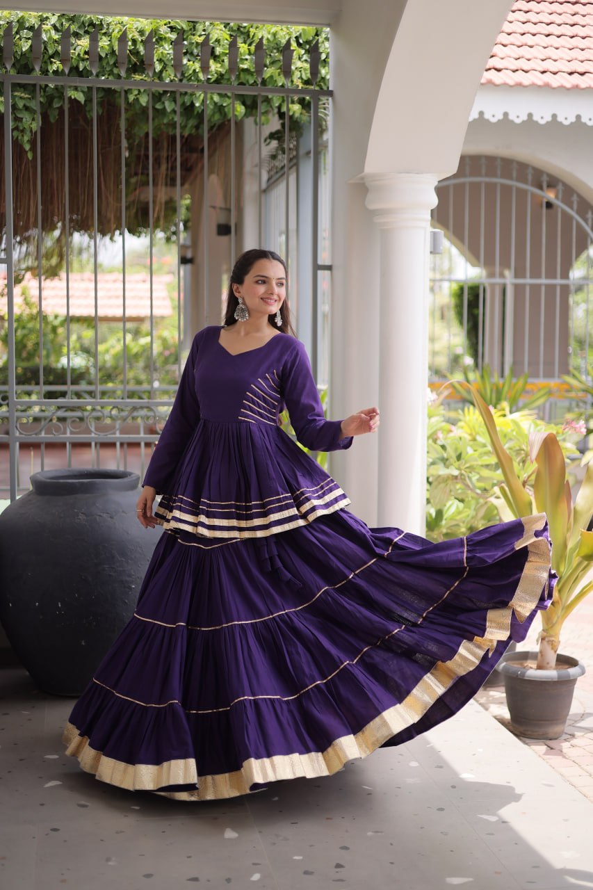 Purple Layered Cora Cotton Navratri Lehenga Set with Peplum Top