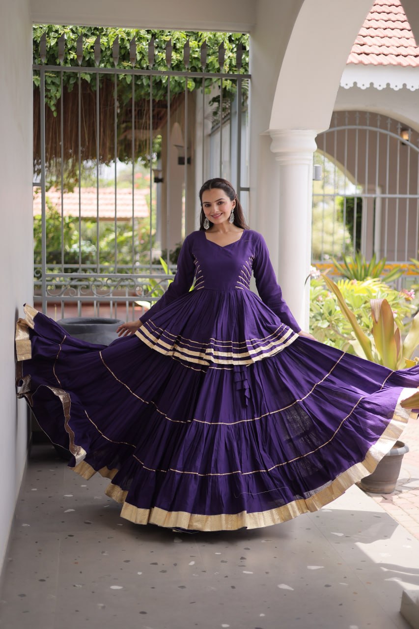 Purple Layered Cora Cotton Navratri Lehenga Set with Peplum Top