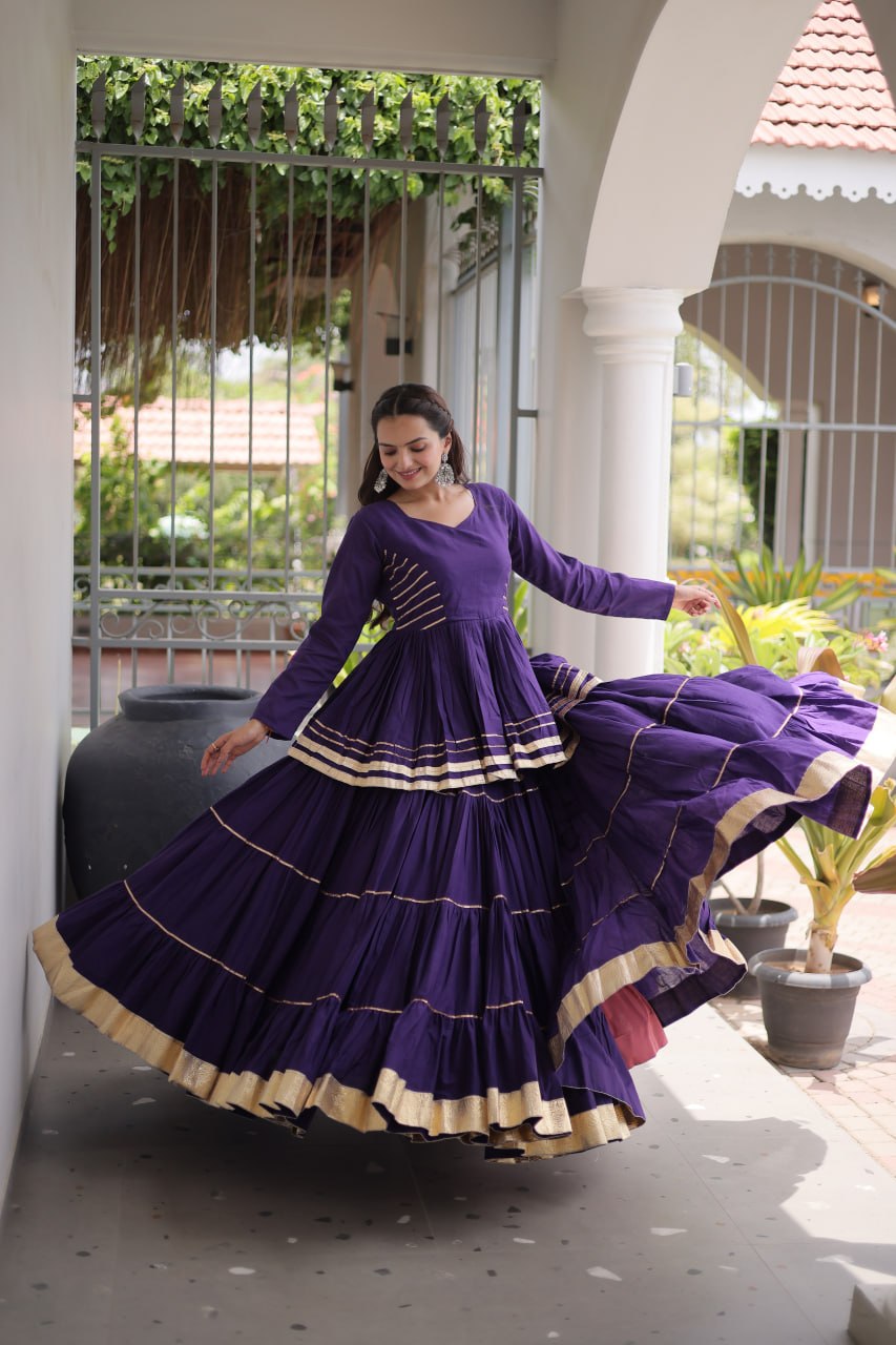 Purple Layered Cora Cotton Navratri Lehenga Set with Peplum Top