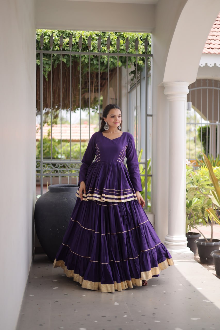 Purple Layered Cora Cotton Navratri Lehenga Set with Peplum Top