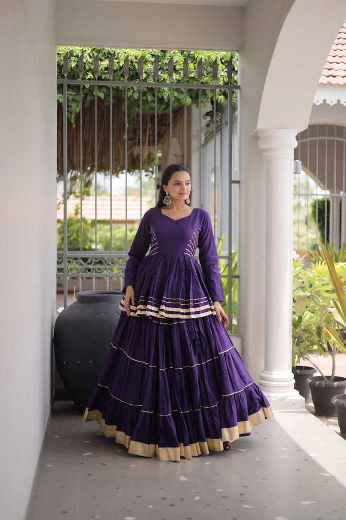 Purple Layered Cora Cotton Navratri Lehenga Set with Peplum Top