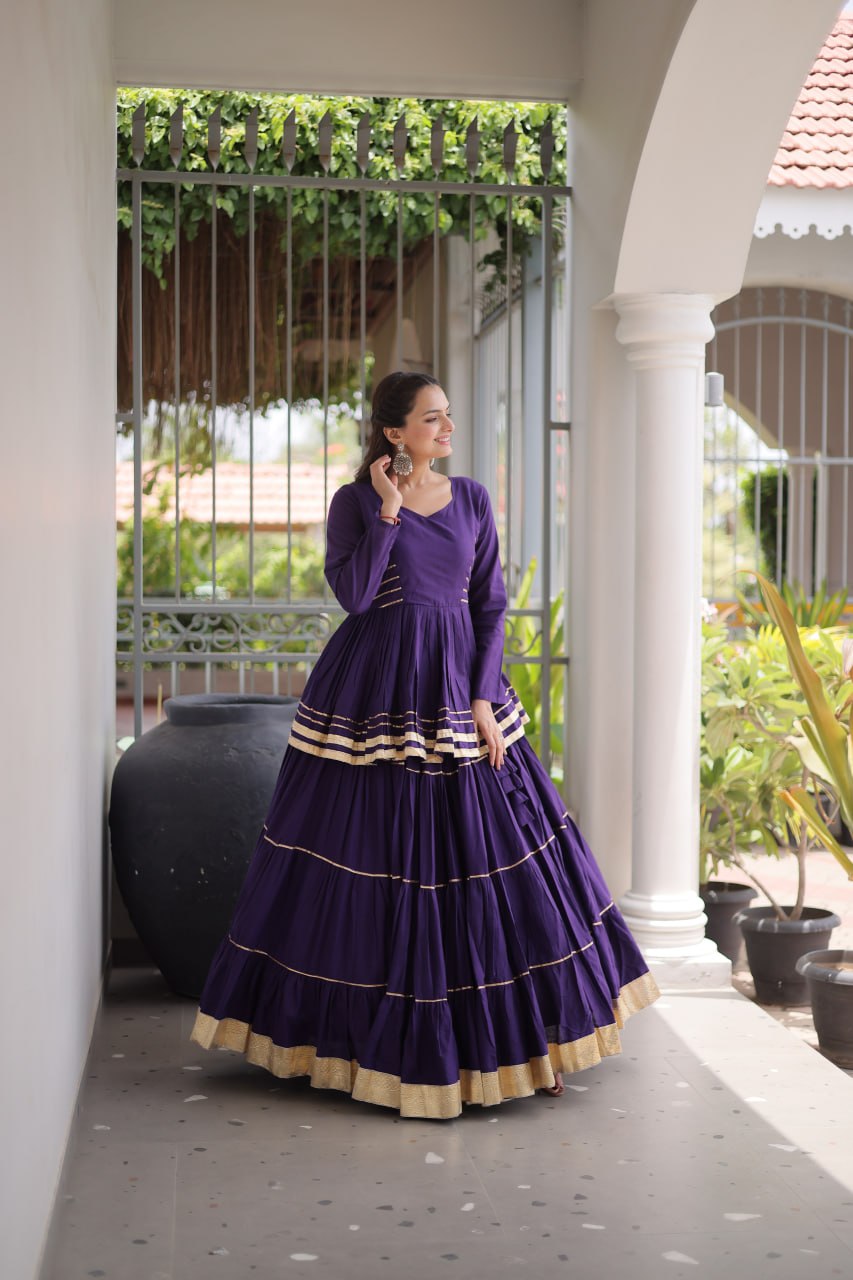 Purple Layered Cora Cotton Navratri Lehenga Set with Peplum Top