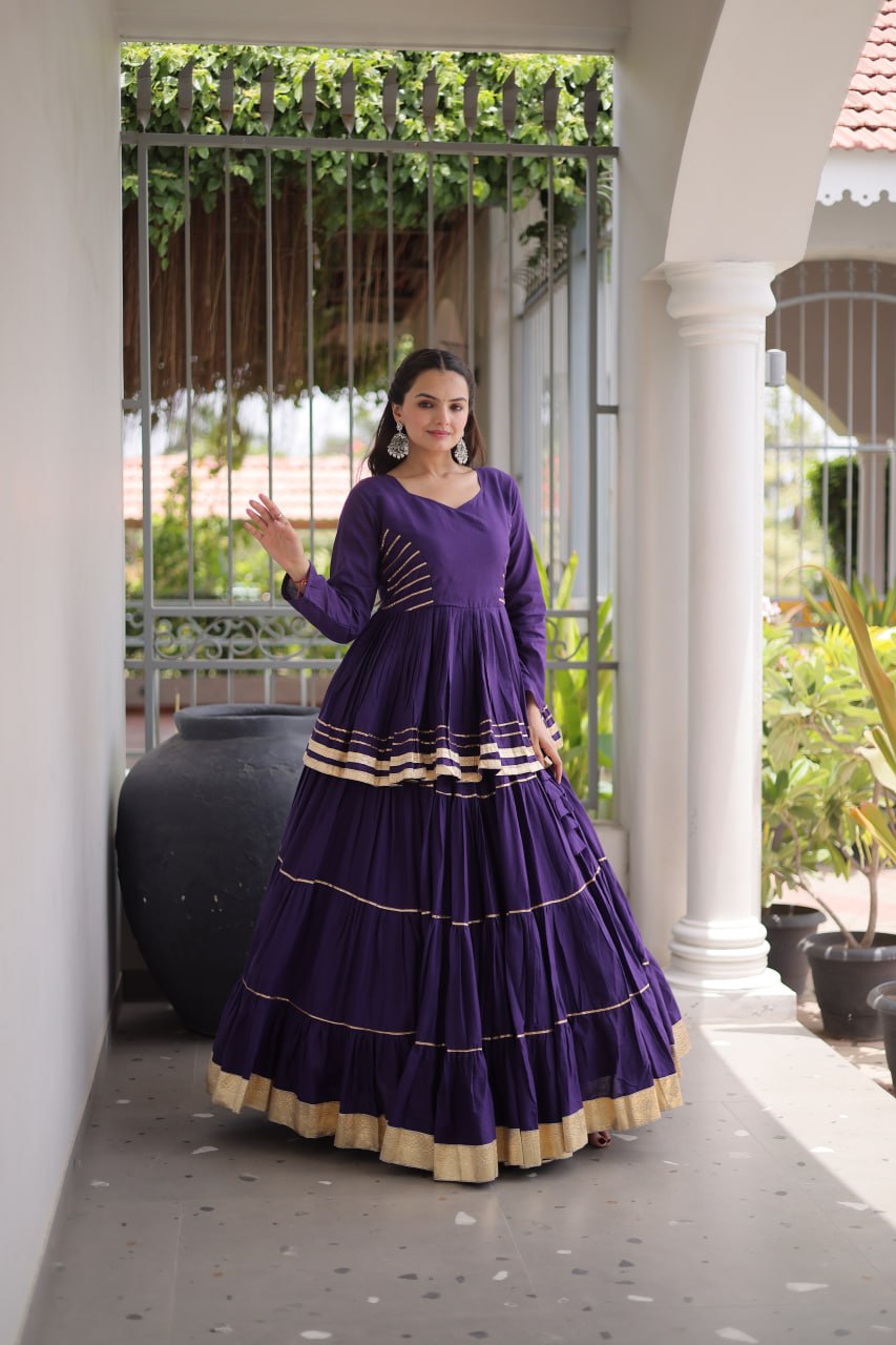 Purple Layered Cora Cotton Navratri Lehenga Set with Peplum Top