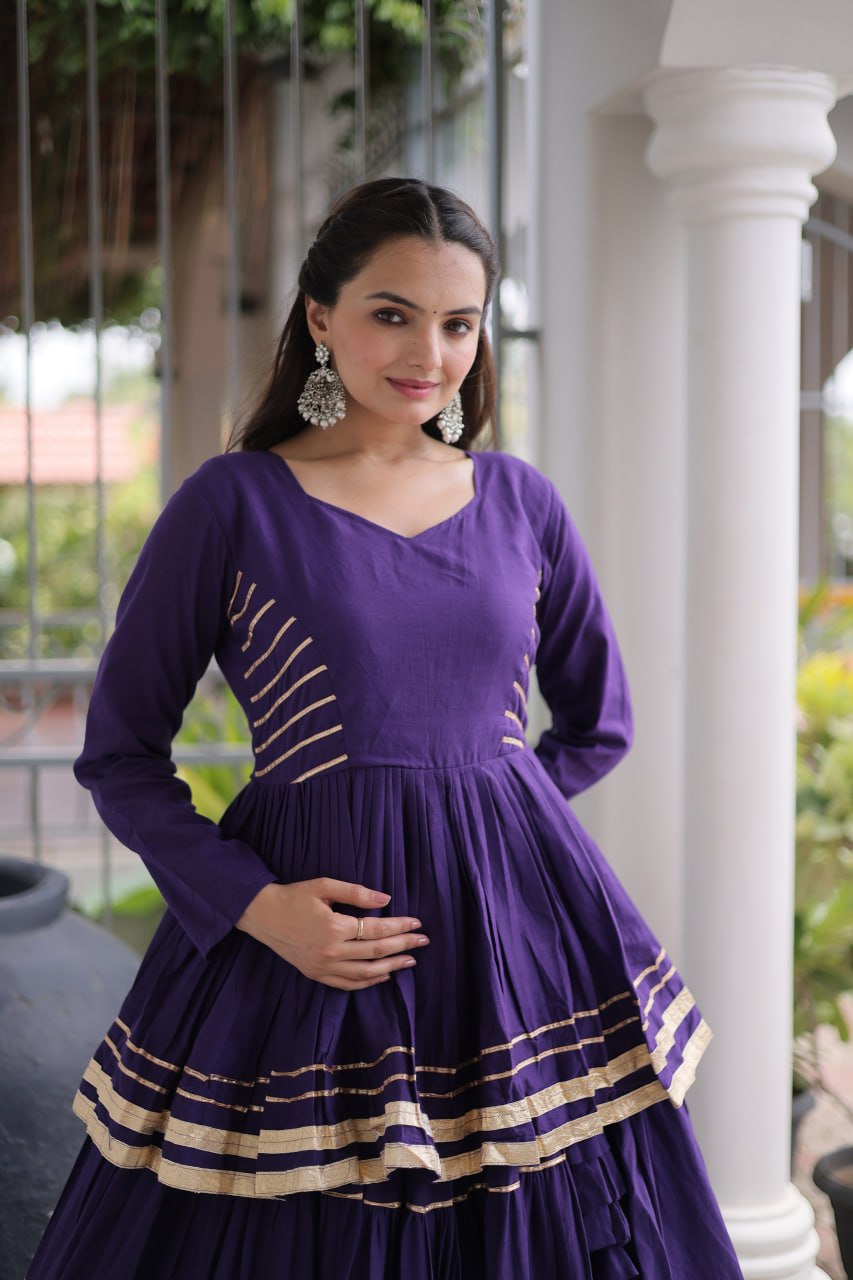 Purple Layered Cora Cotton Navratri Lehenga Set with Peplum Top