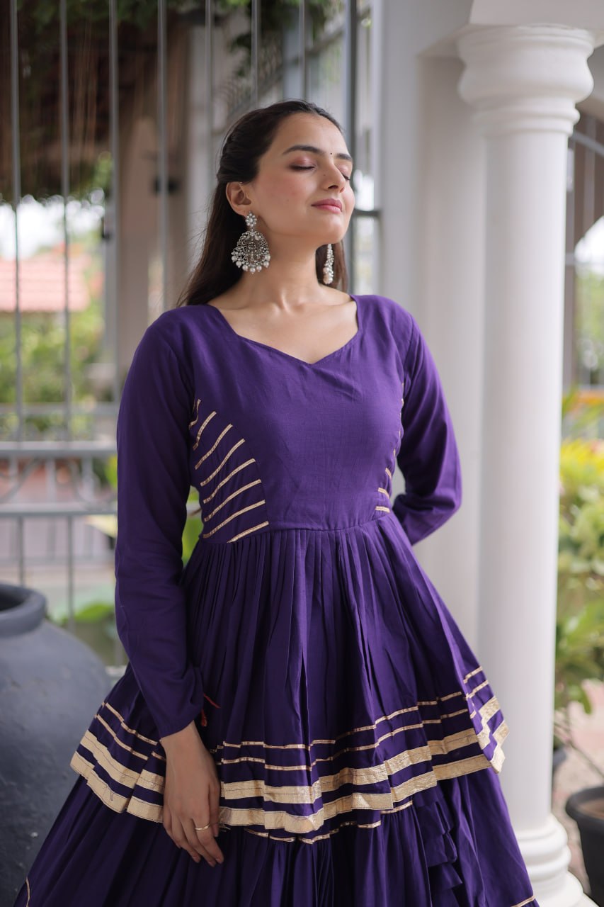 Purple Layered Cora Cotton Navratri Lehenga Set with Peplum Top