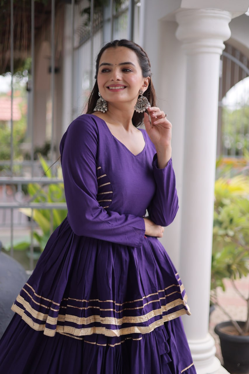 Purple Layered Cora Cotton Navratri Lehenga Set with Peplum Top