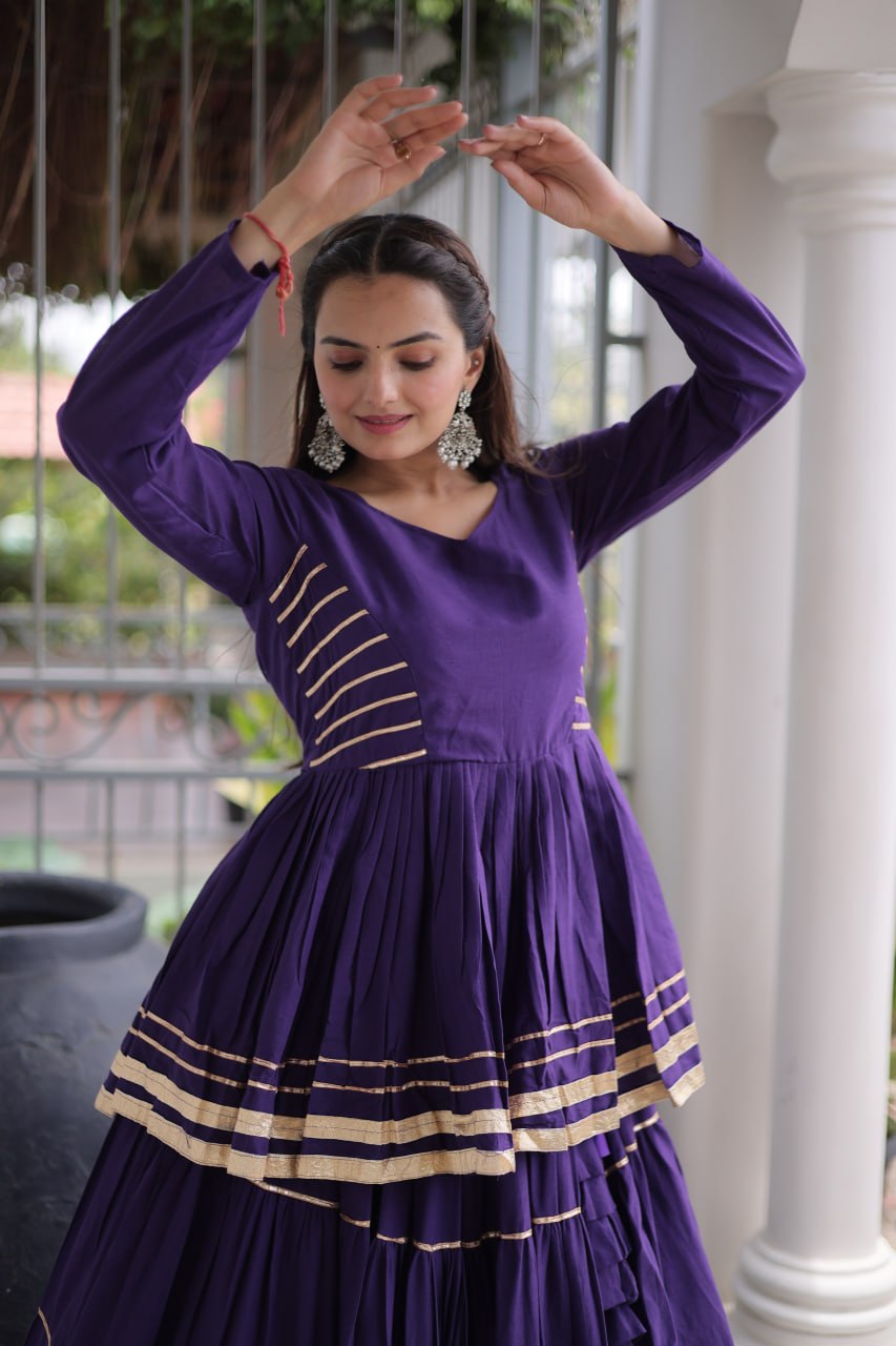 Purple Layered Cora Cotton Navratri Lehenga Set with Peplum Top
