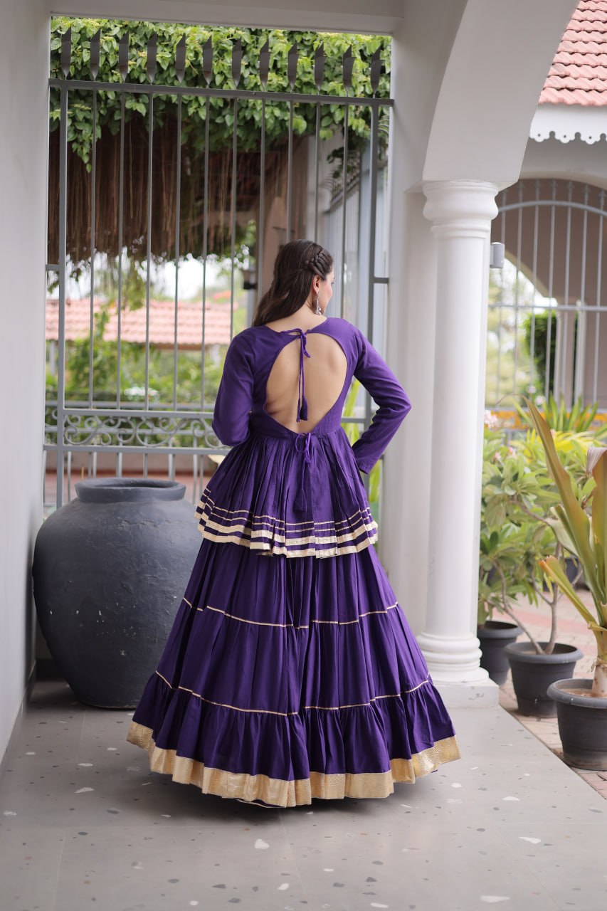 Purple Layered Cora Cotton Navratri Lehenga Set with Peplum Top