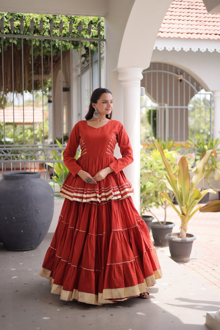 Rust Layered Cora Cotton Navratri Lehenga Set with Peplum Top