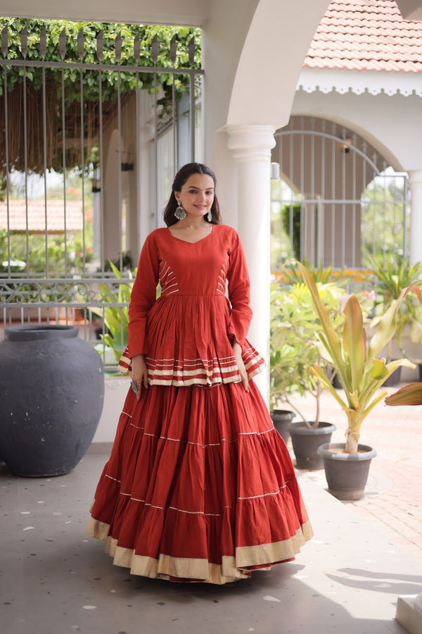 Rust Layered Cora Cotton Navratri Lehenga Set with Peplum Top