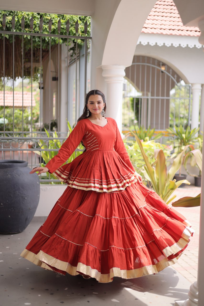 Rust Layered Cora Cotton Navratri Lehenga Set with Peplum Top