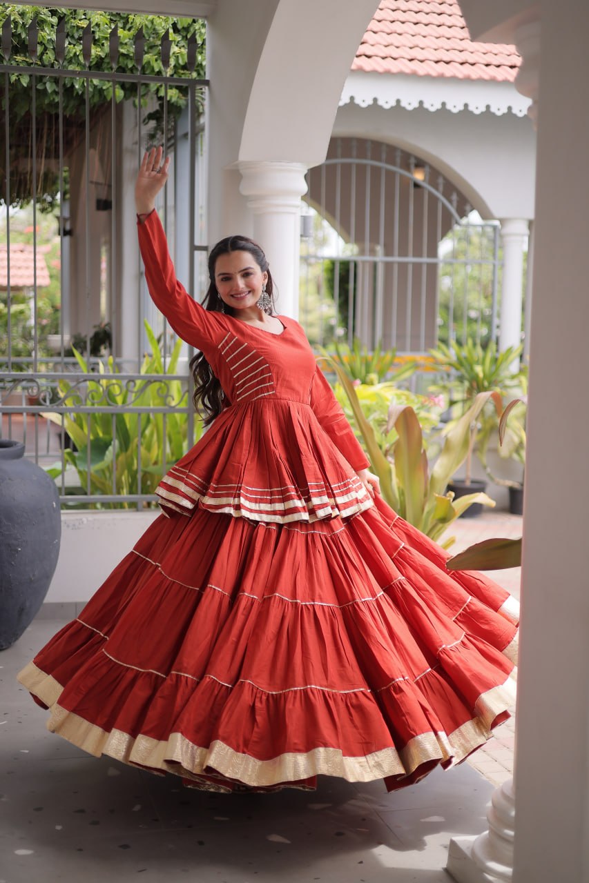Rust Layered Cora Cotton Navratri Lehenga Set with Peplum Top