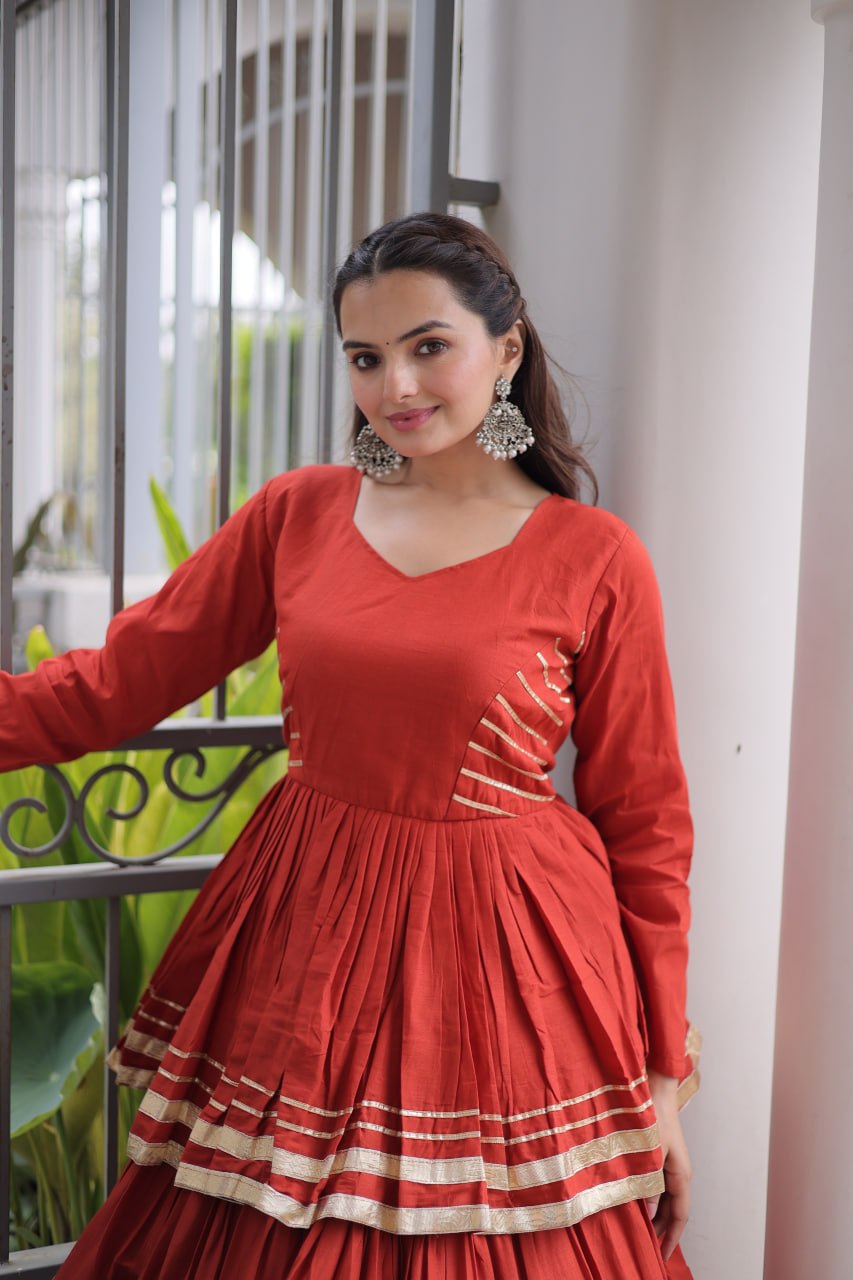 Rust Layered Cora Cotton Navratri Lehenga Set with Peplum Top