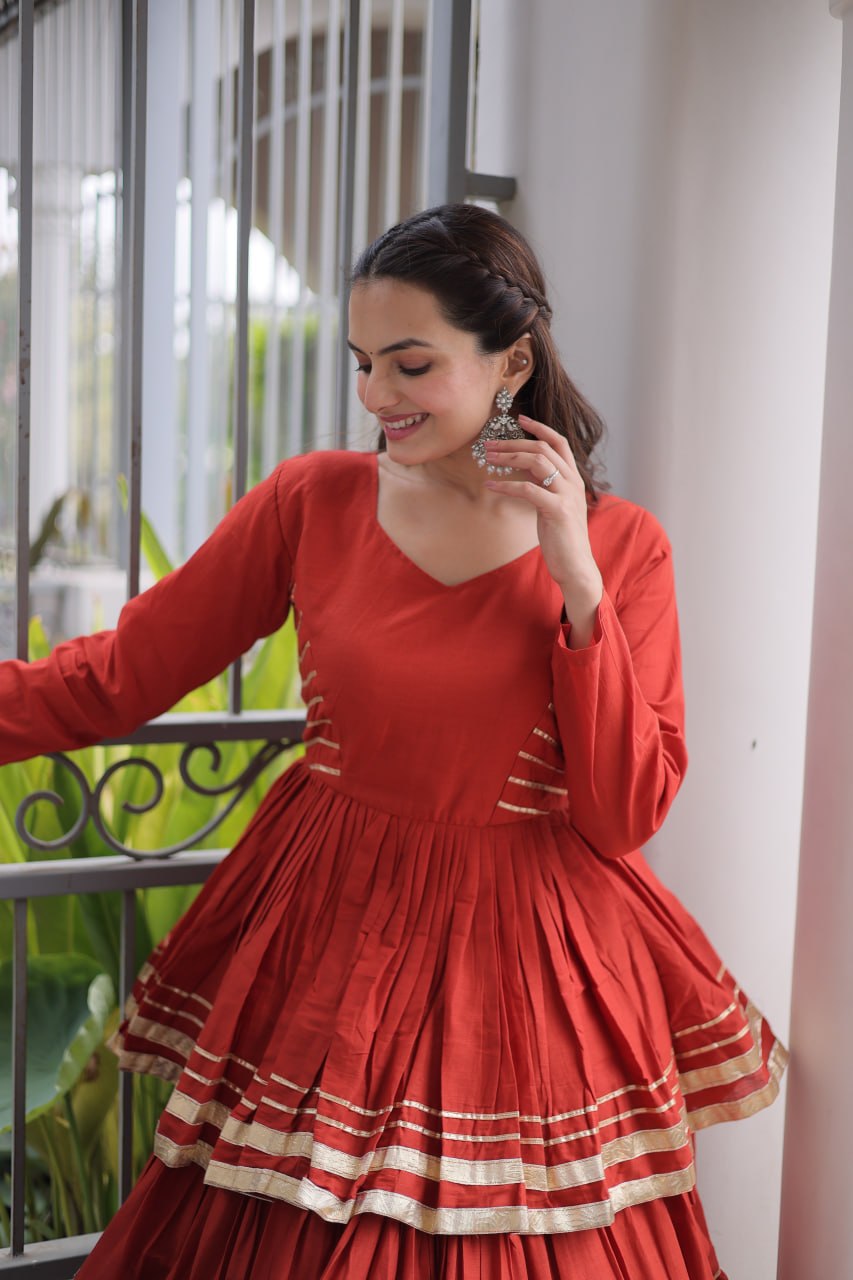 Rust Layered Cora Cotton Navratri Lehenga Set with Peplum Top