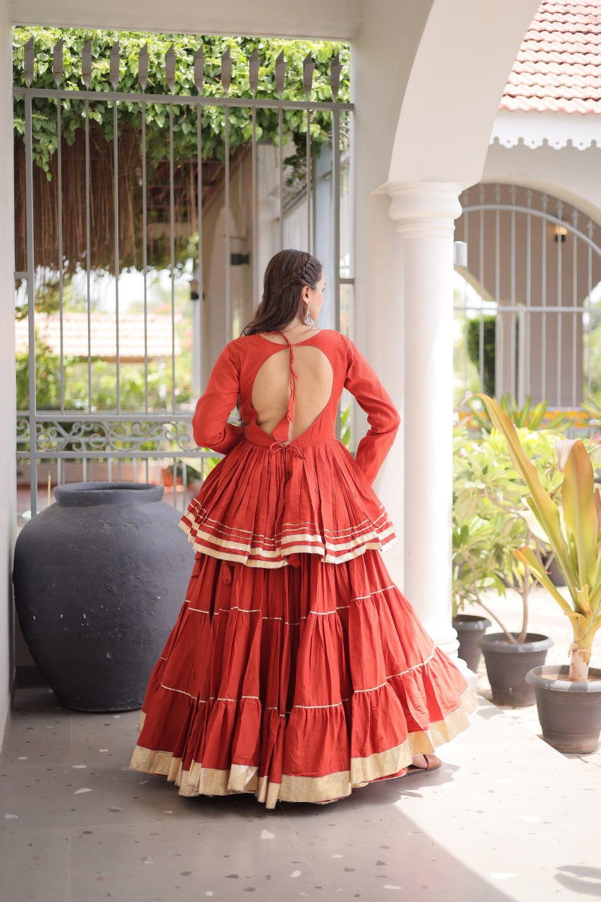 Rust Layered Cora Cotton Navratri Lehenga Set with Peplum Top
