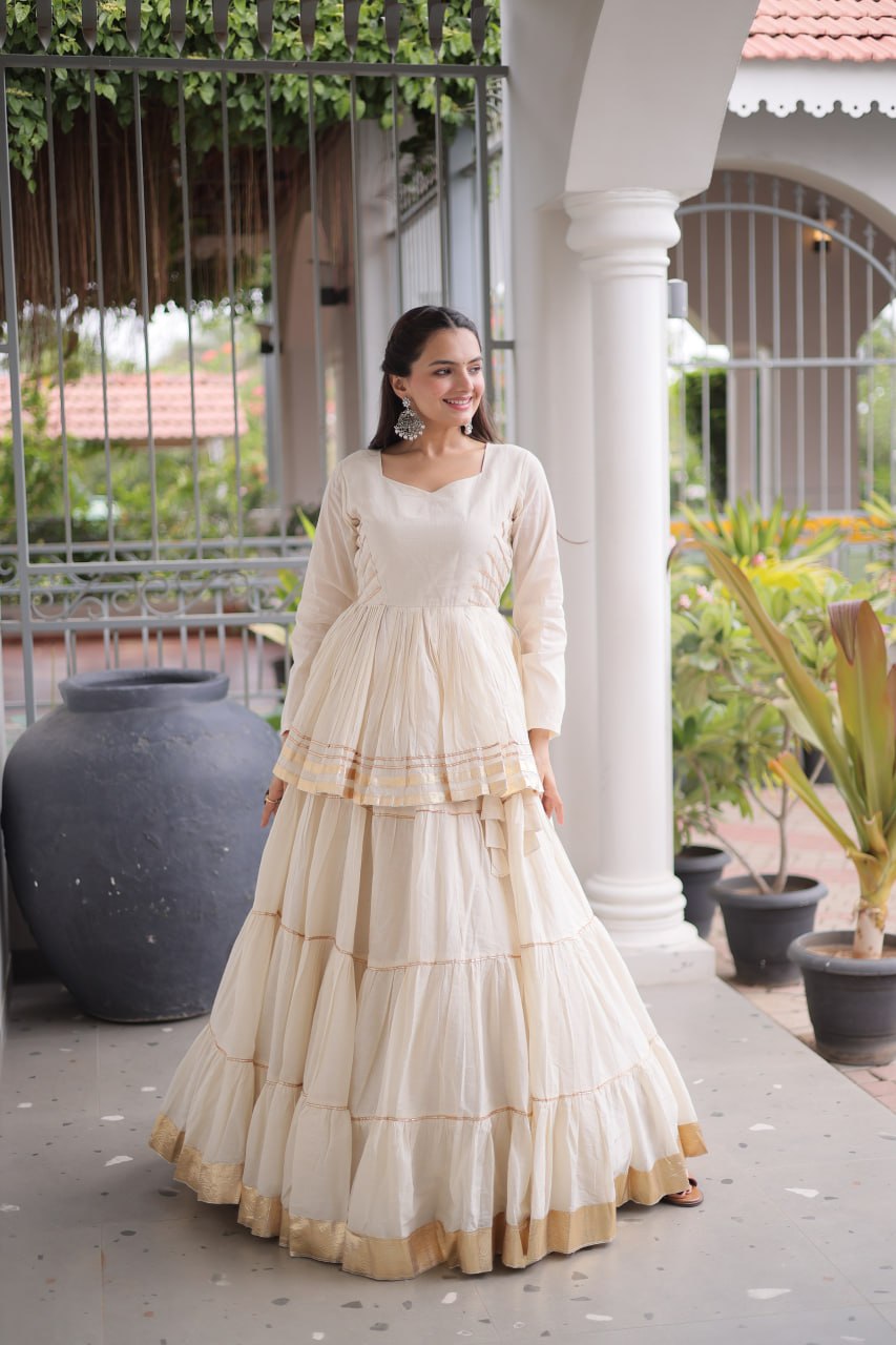 White Layered Cora Cotton Navratri Lehenga Set with Peplum Top