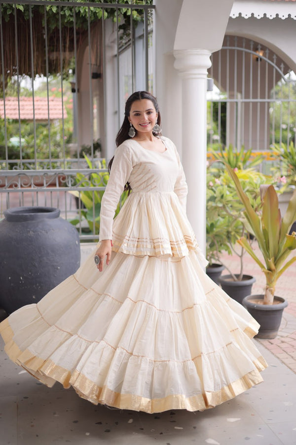 White Layered Cora Cotton Navratri Lehenga Set with Peplum Top