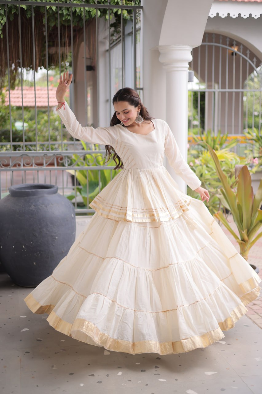 White Layered Cora Cotton Navratri Lehenga Set with Peplum Top