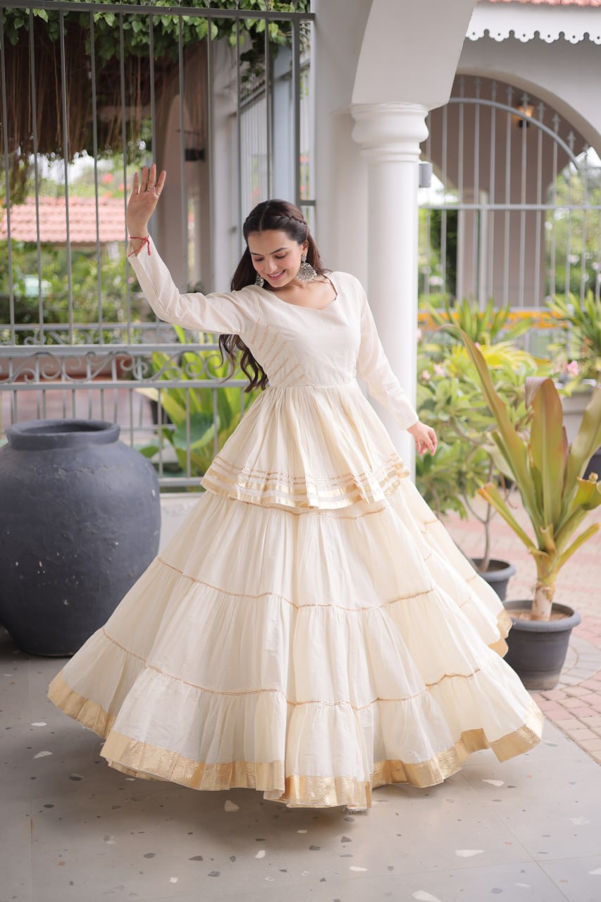 White Layered Cora Cotton Navratri Lehenga Set with Peplum Top