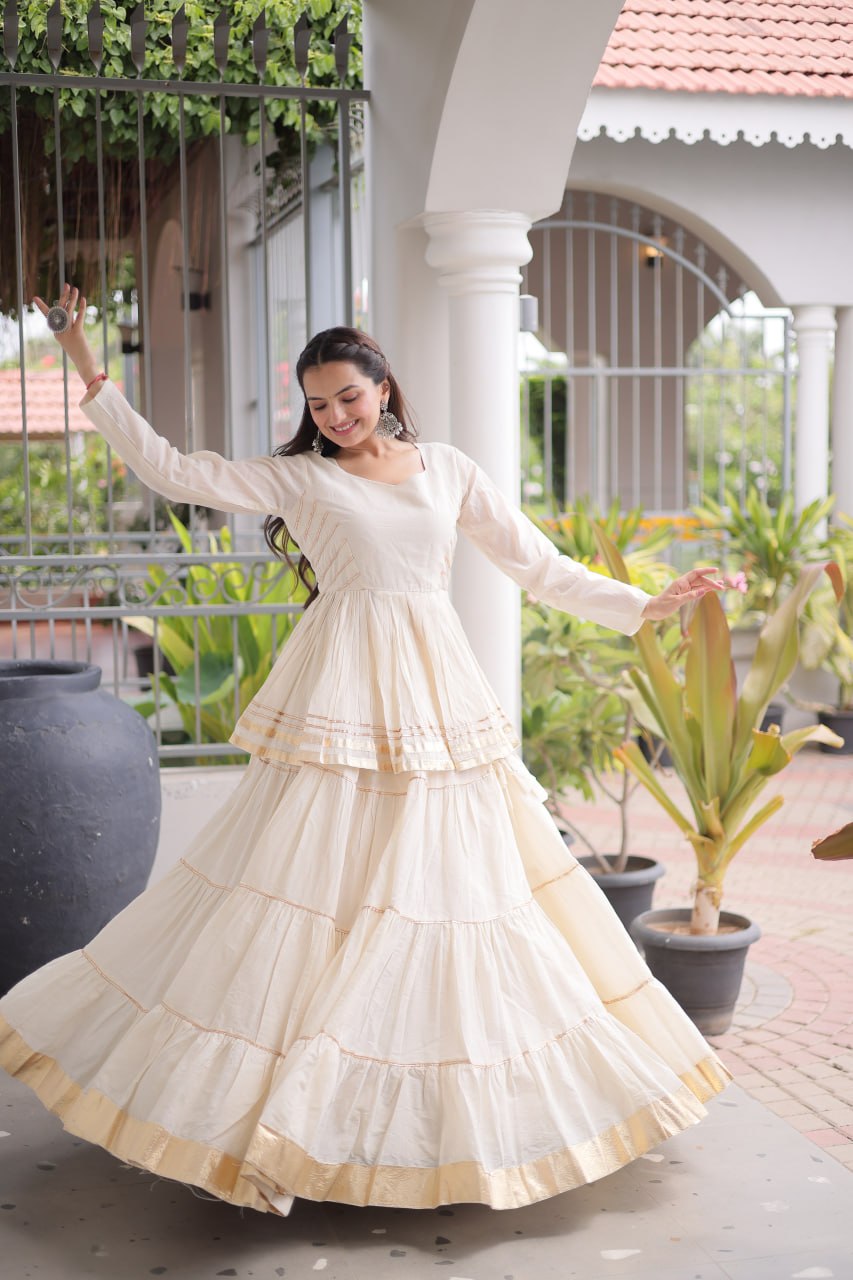 White Layered Cora Cotton Navratri Lehenga Set with Peplum Top