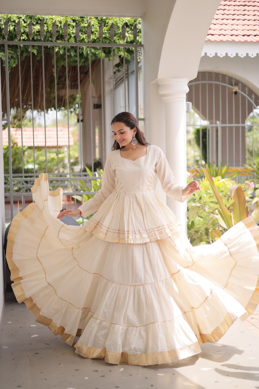 White Layered Cora Cotton Navratri Lehenga Set with Peplum Top