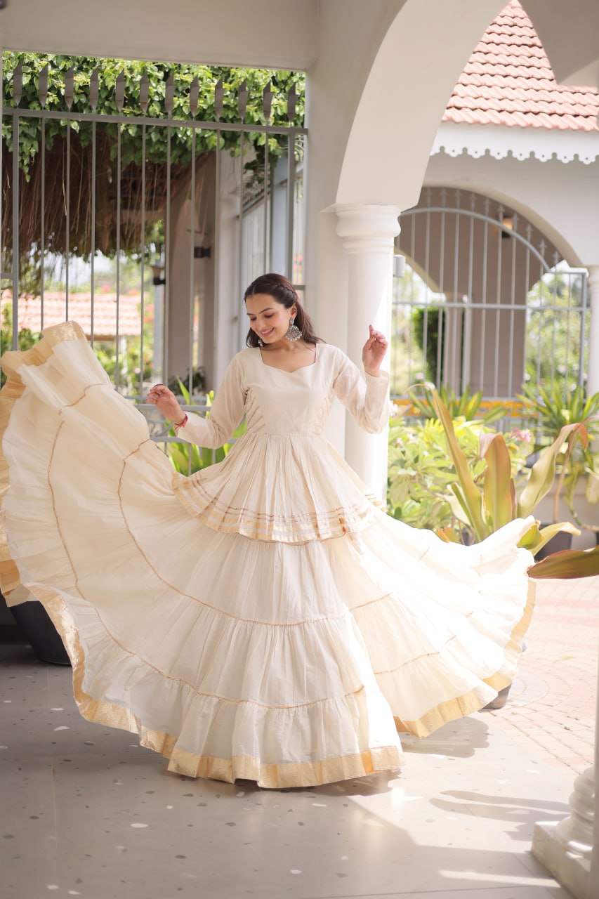 White Layered Cora Cotton Navratri Lehenga Set with Peplum Top
