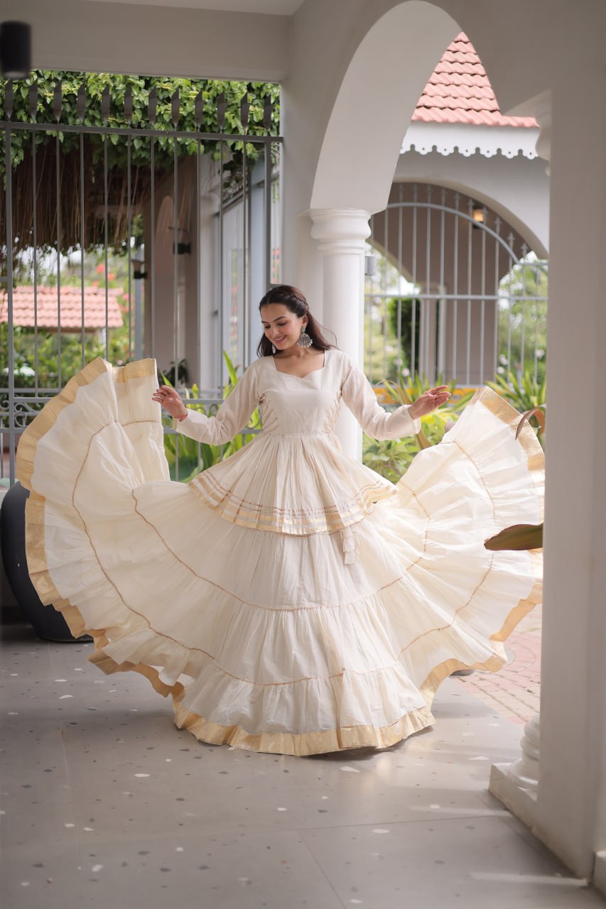 White Layered Cora Cotton Navratri Lehenga Set with Peplum Top