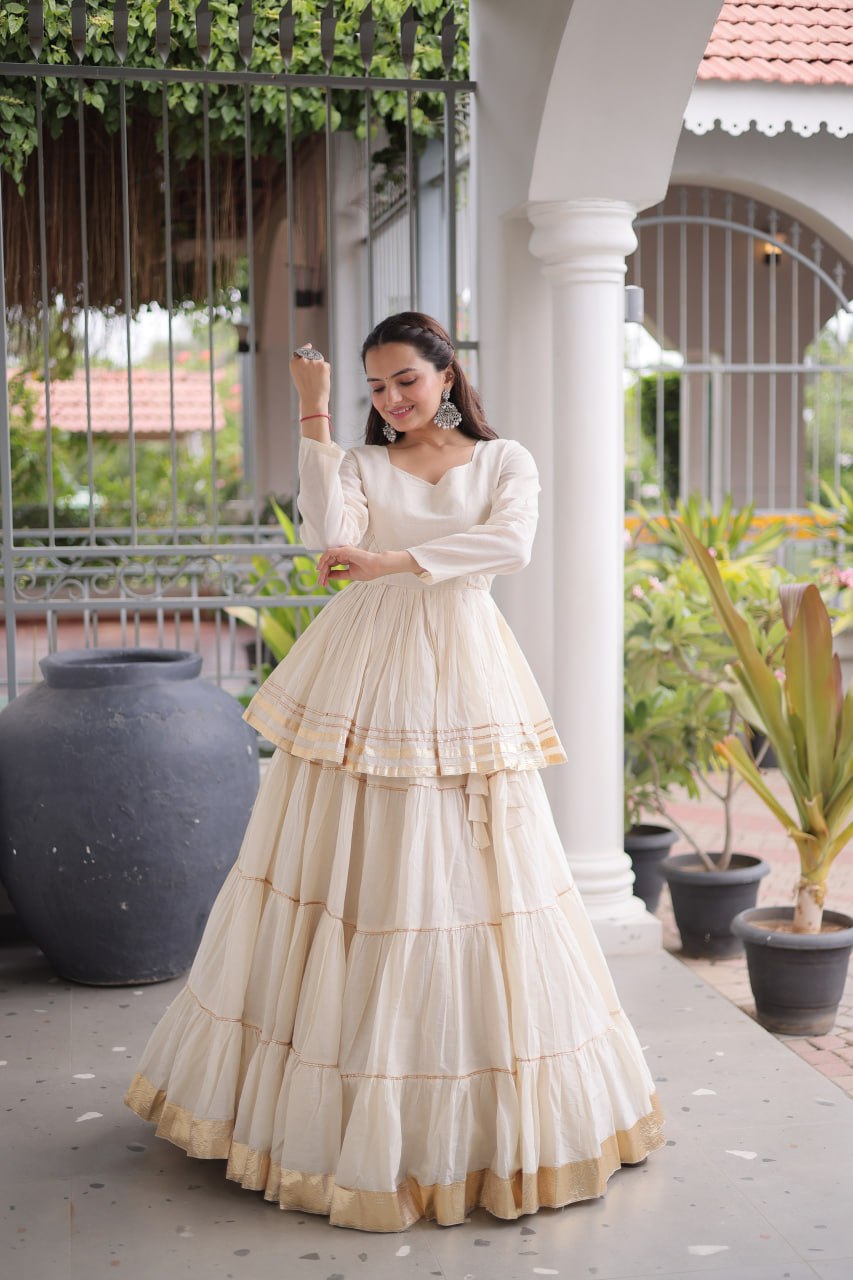 White Layered Cora Cotton Navratri Lehenga Set with Peplum Top