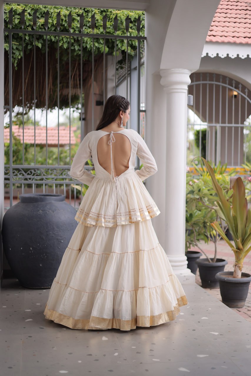White Layered Cora Cotton Navratri Lehenga Set with Peplum Top