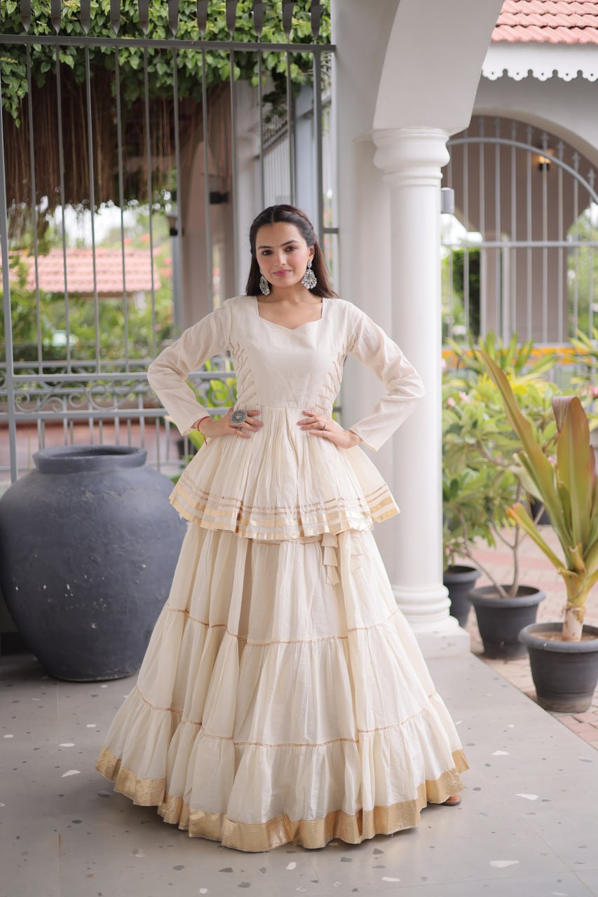 White Layered Cora Cotton Navratri Lehenga Set with Peplum Top