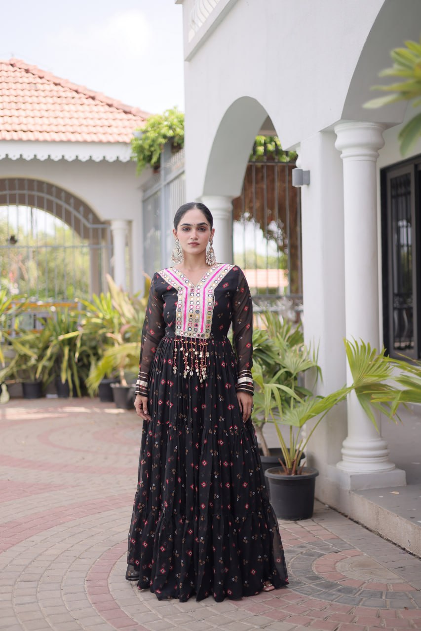 Black Laheriya Print Kutchi Work Navratri Gown