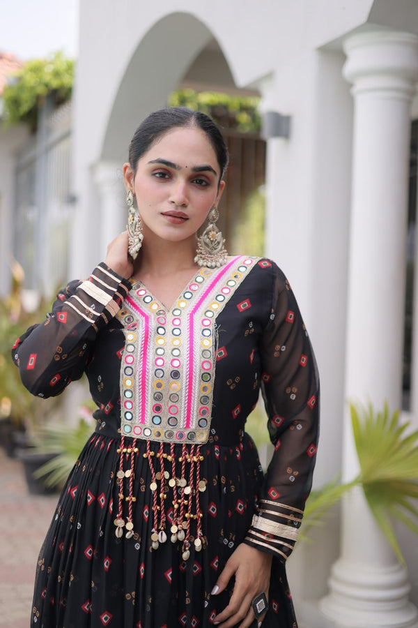 Black Laheriya Print Kutchi Work Navratri Gown