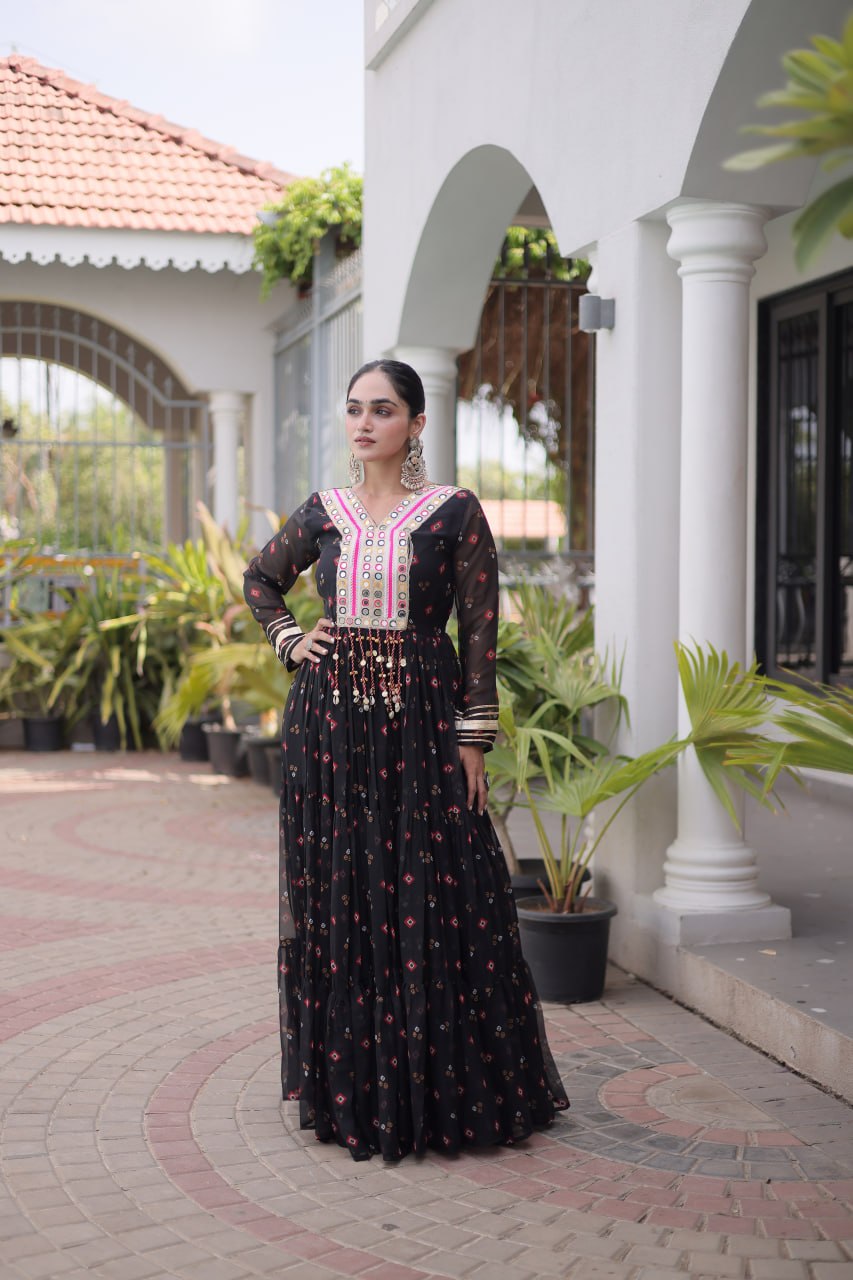 Black Laheriya Print Kutchi Work Navratri Gown
