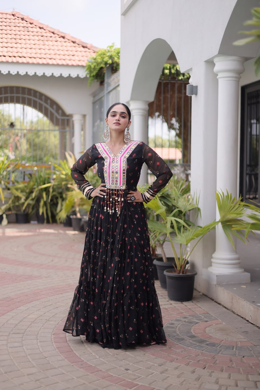 Black Laheriya Print Kutchi Work Navratri Gown