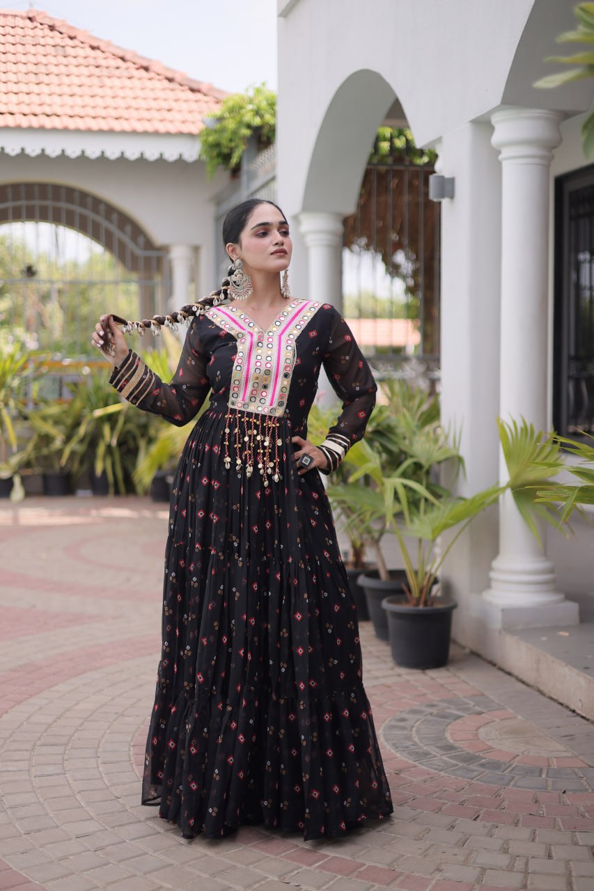 Black Laheriya Print Kutchi Work Navratri Gown