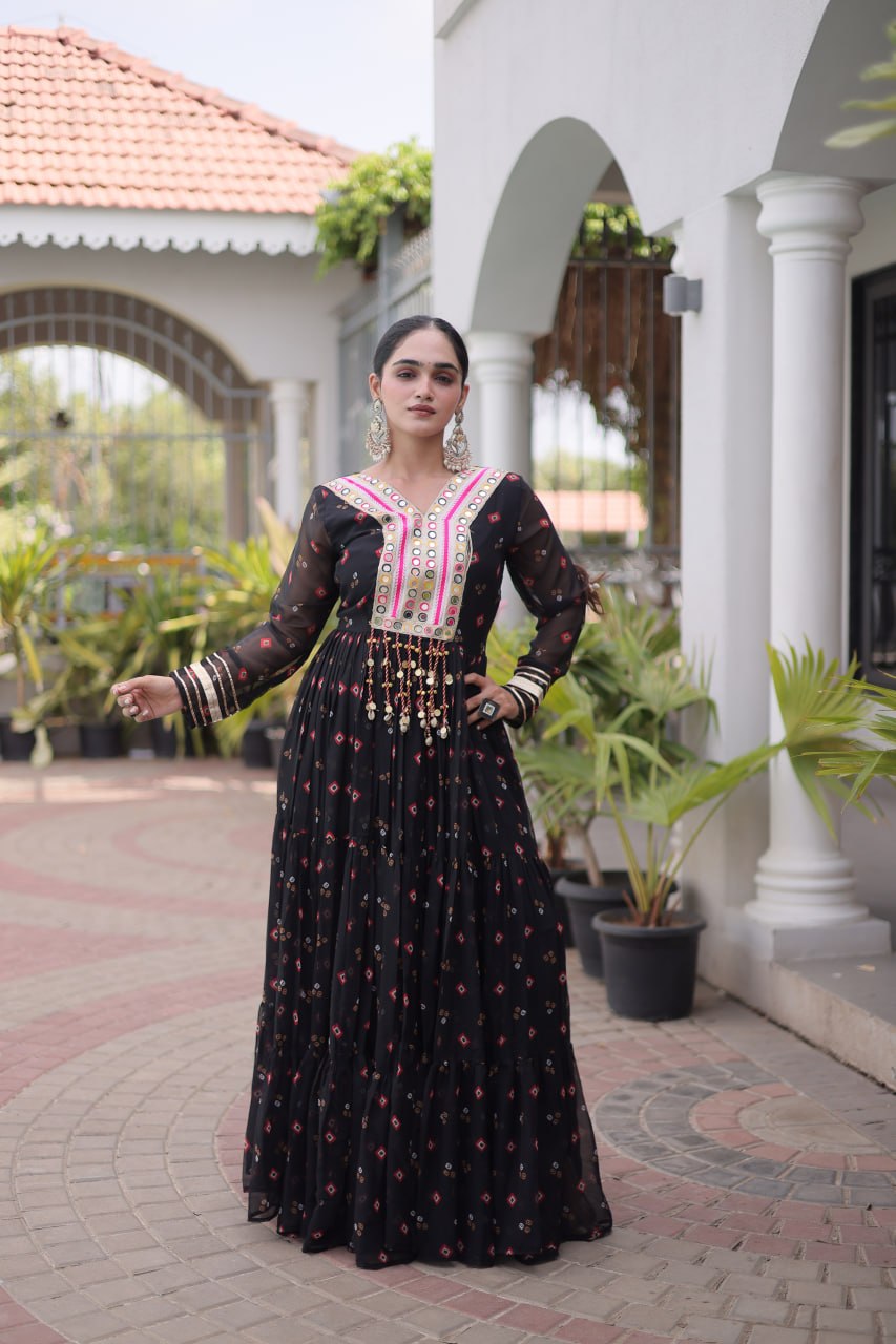 Black Laheriya Print Kutchi Work Navratri Gown