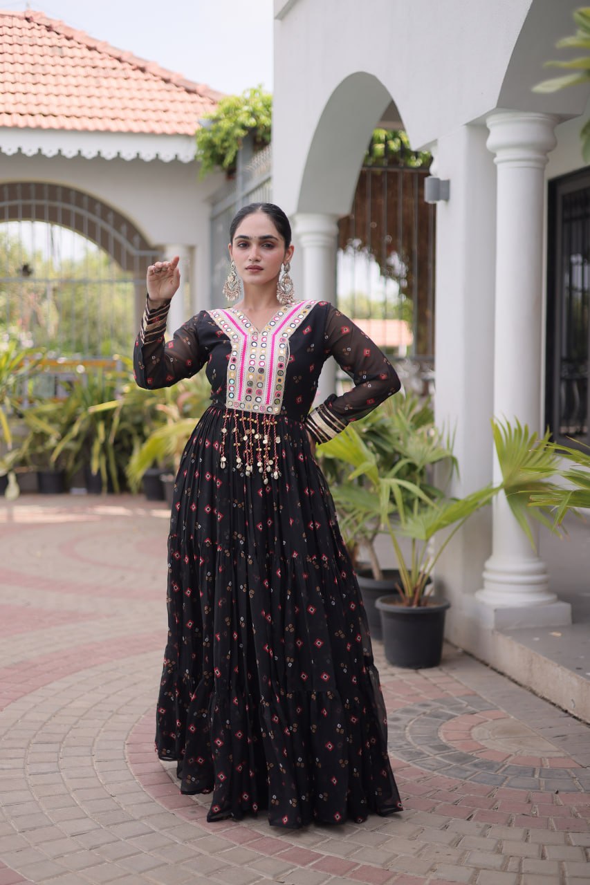 Black Laheriya Print Kutchi Work Navratri Gown