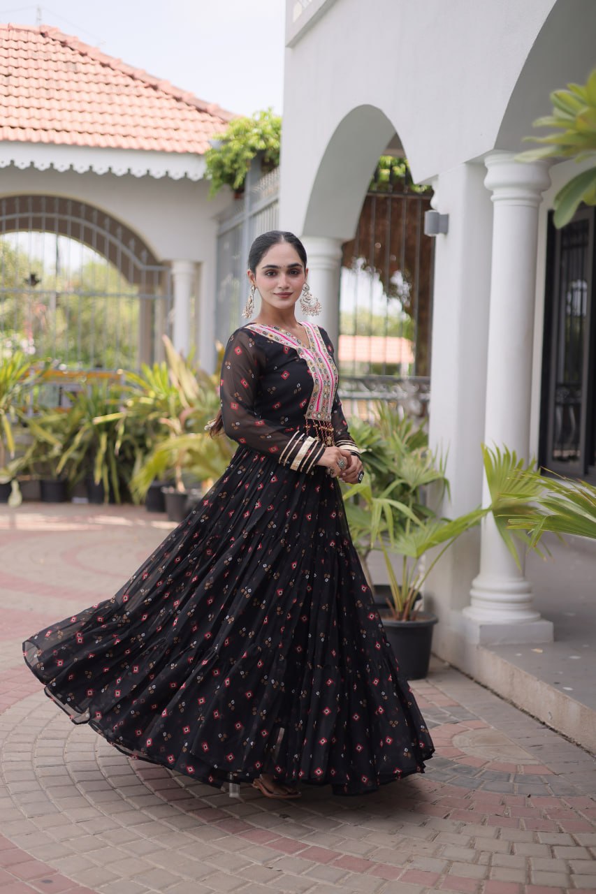 Black Laheriya Print Kutchi Work Navratri Gown