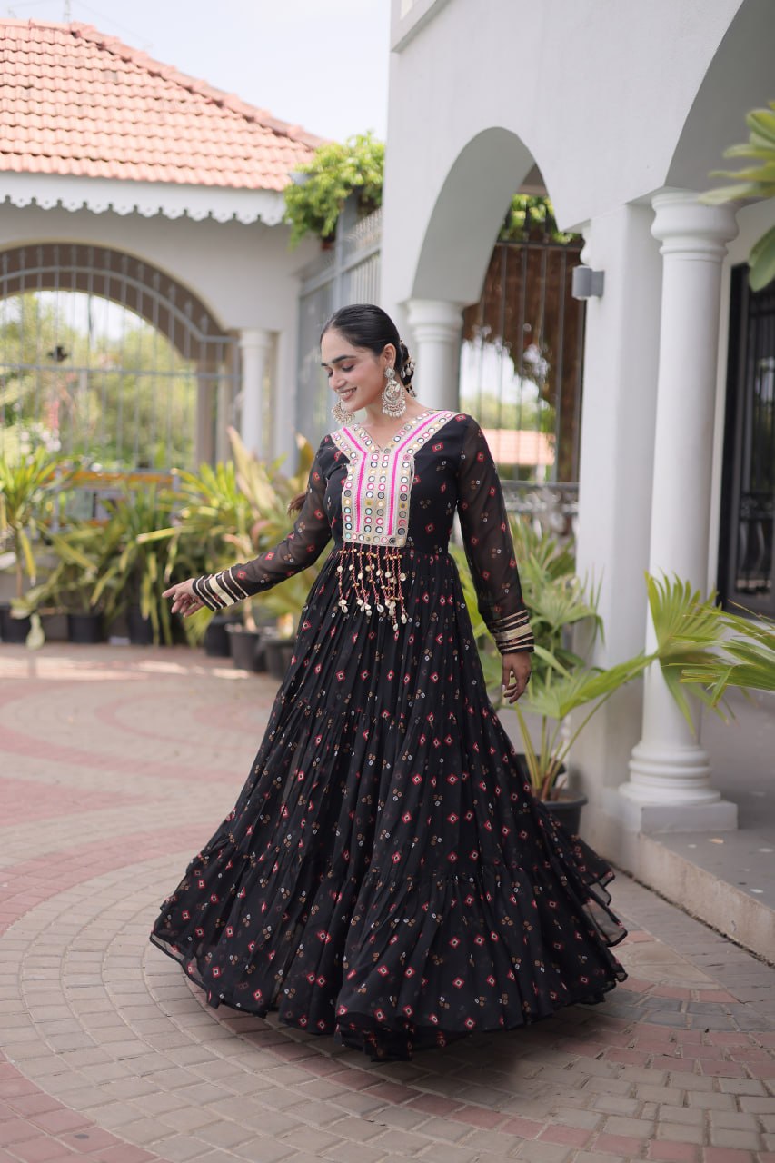 Black Laheriya Print Kutchi Work Navratri Gown