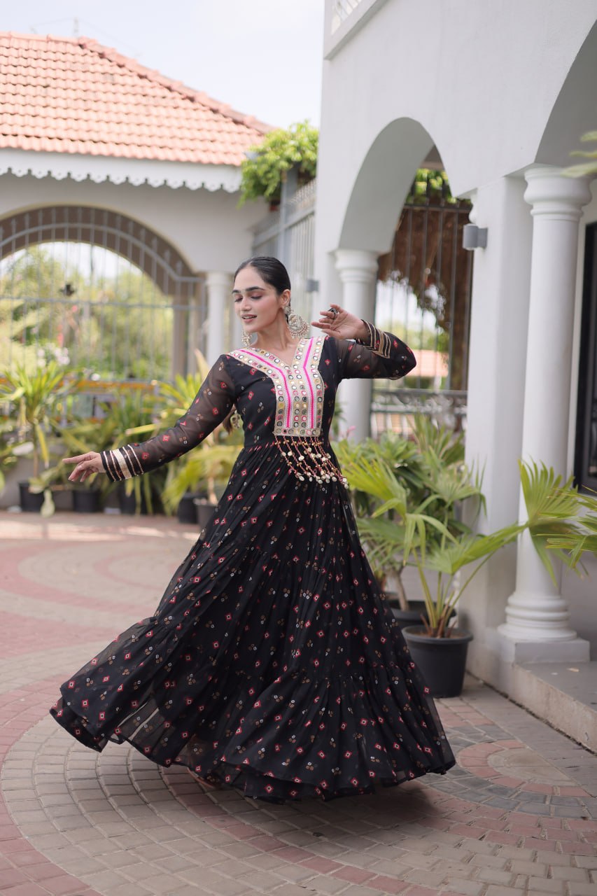 Black Laheriya Print Kutchi Work Navratri Gown