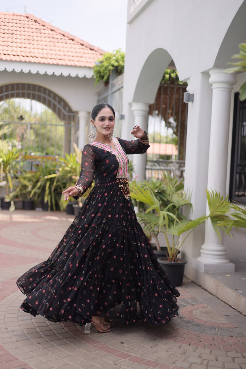 Black Laheriya Print Kutchi Work Navratri Gown