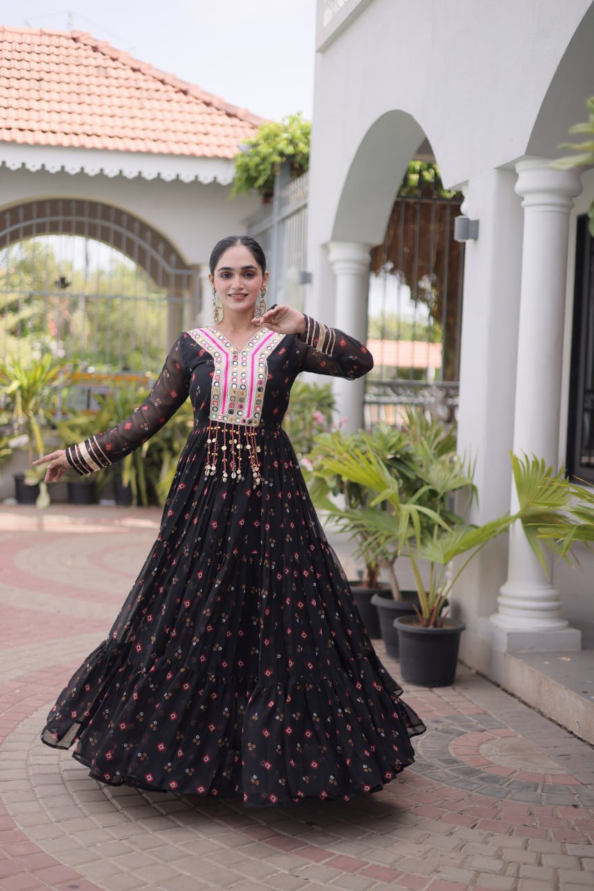 Black Laheriya Print Kutchi Work Navratri Gown