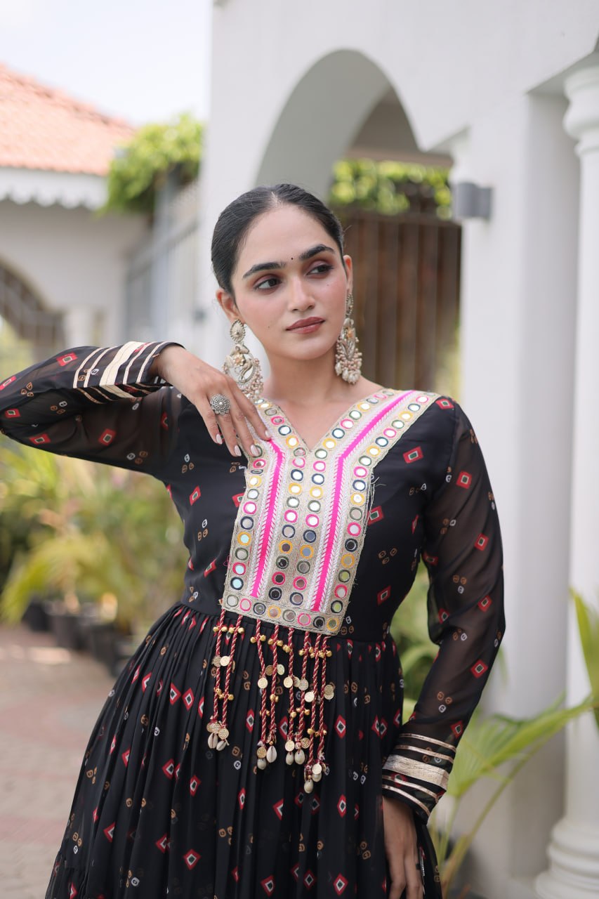 Black Laheriya Print Kutchi Work Navratri Gown