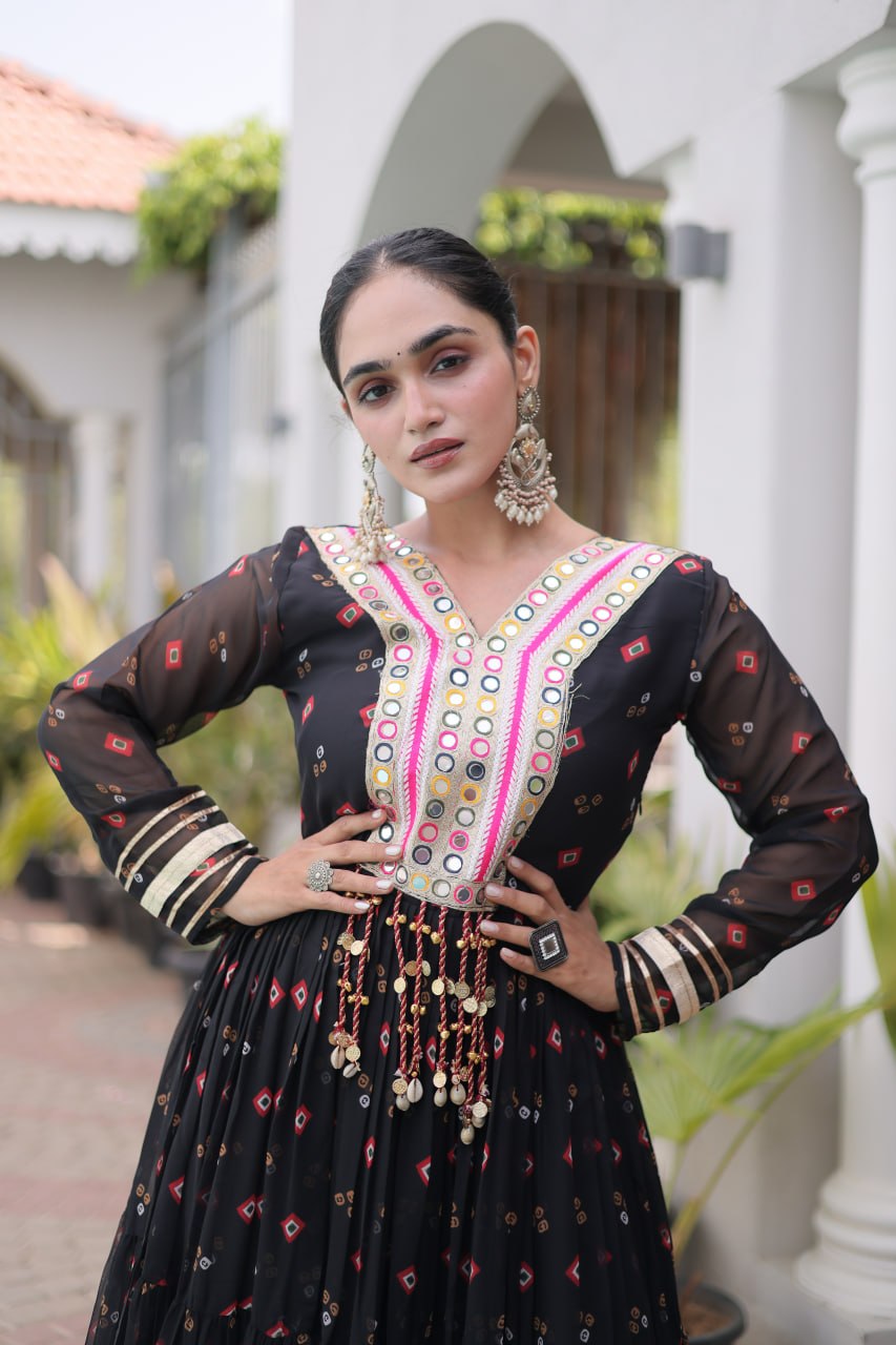 Black Laheriya Print Kutchi Work Navratri Gown