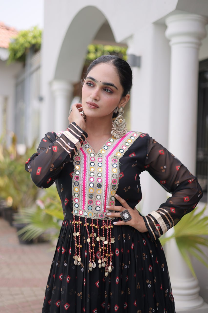 Black Laheriya Print Kutchi Work Navratri Gown