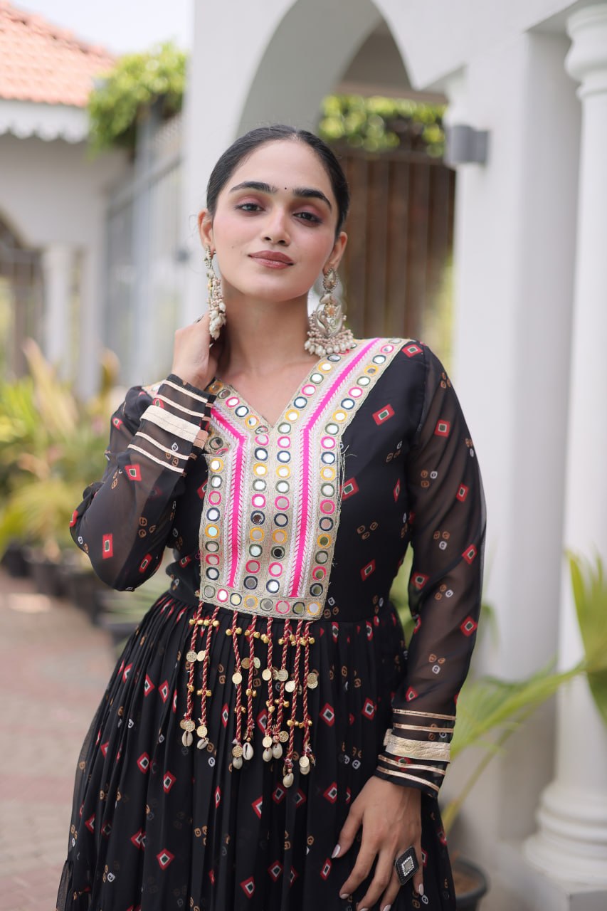 Black Laheriya Print Kutchi Work Navratri Gown