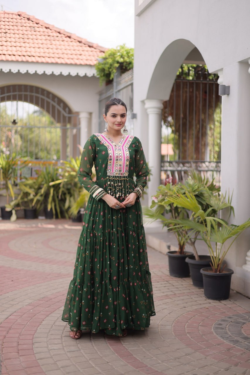 Dark Green Laheriya Print Kutchi Work Navratri Gown