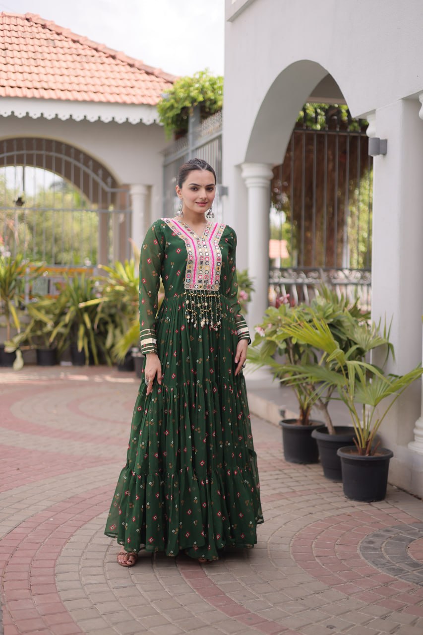 Dark Green Laheriya Print Kutchi Work Navratri Gown