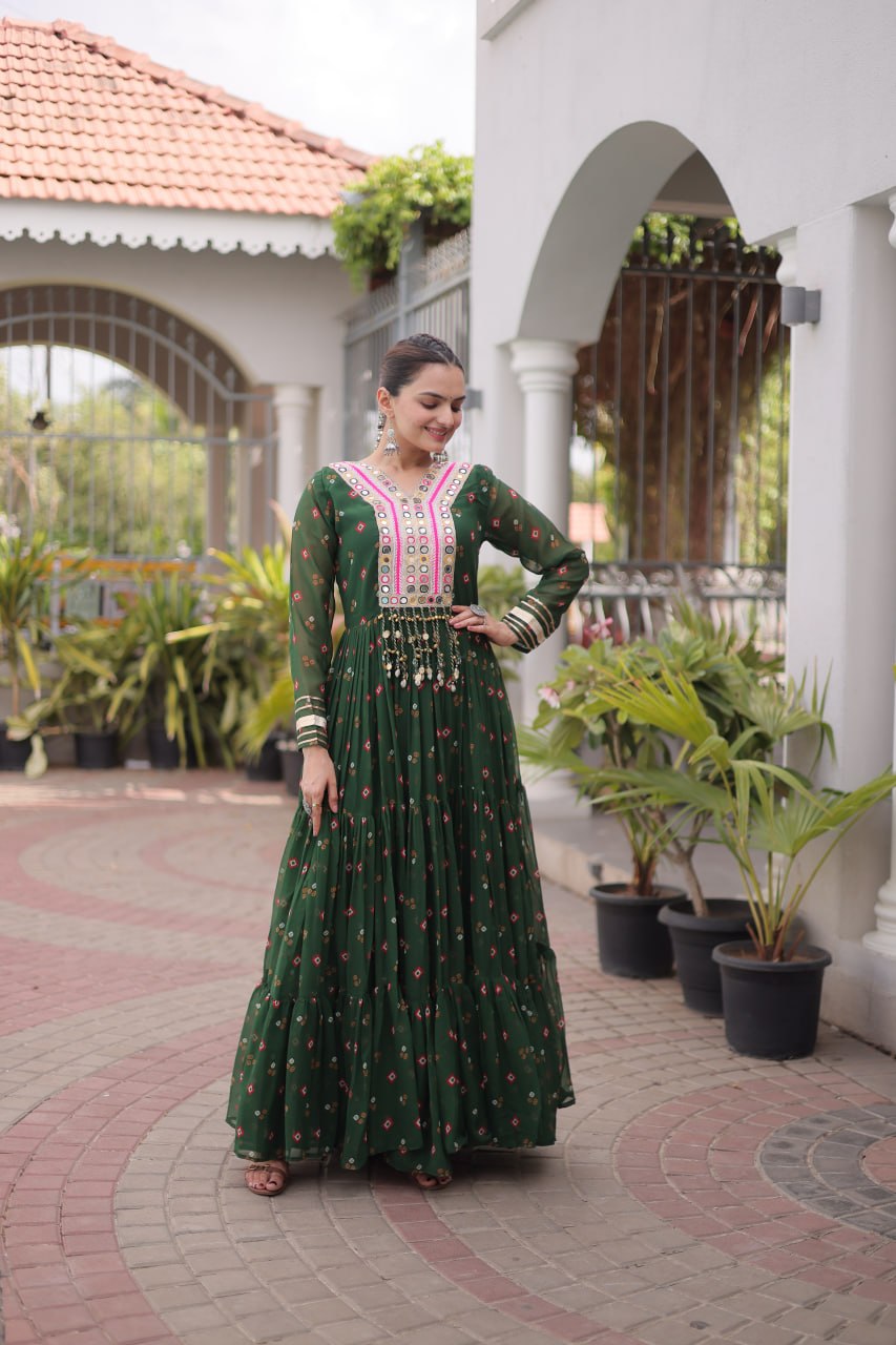 Dark Green Laheriya Print Kutchi Work Navratri Gown